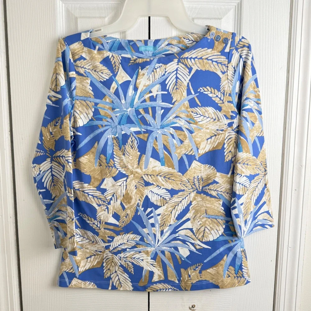 J.McLaughlin Palm Leaf Top XS Blue Tan Preppy Coastal Resort Boatneck